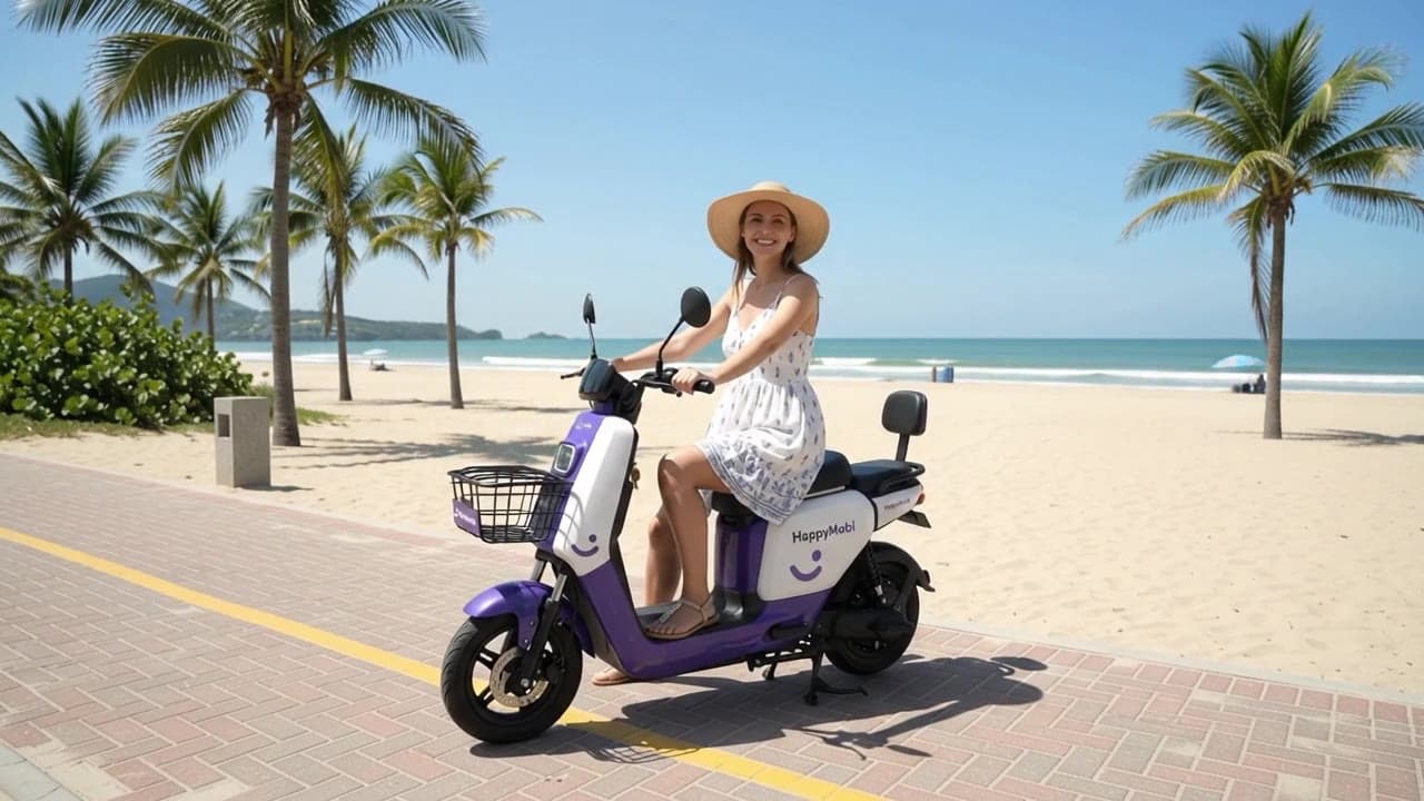 Scooter elétrica HappyMobi na orla da Meia Praia, em Itapema