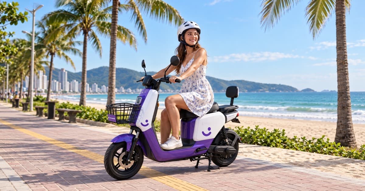 Mulher com capacete em scooter elétrica HappyMobi na orla de Itapema