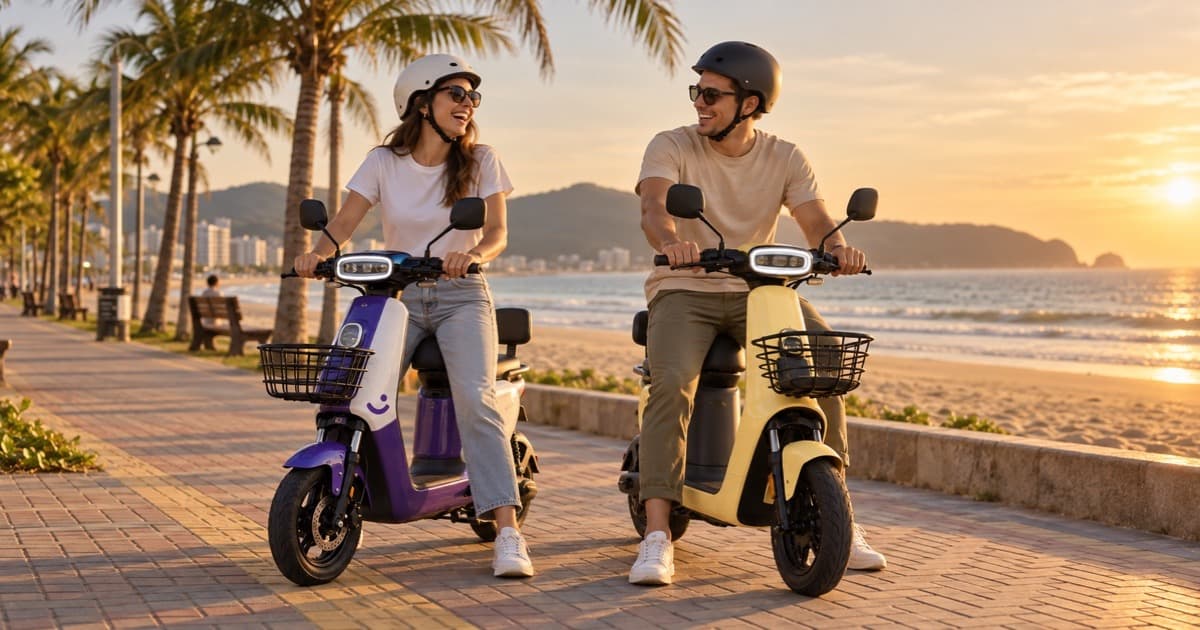 Casal com capacete em scooters elétricas durante passeio na orla