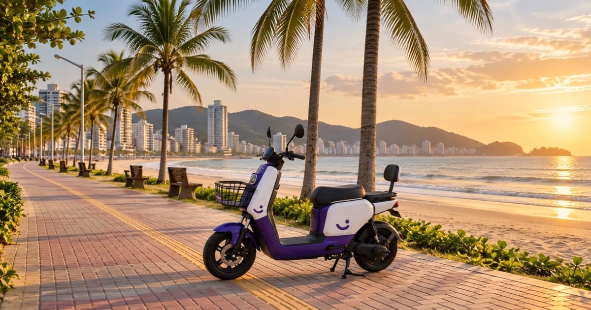 Scooter elétrica HappyMobi em roteiro pela orla de Itapema ao pôr do sol