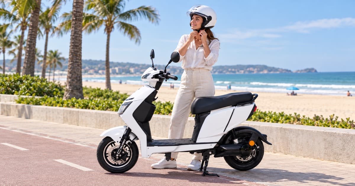 Mulher ajustando o capacete antes do passeio seguro de scooter elétrica