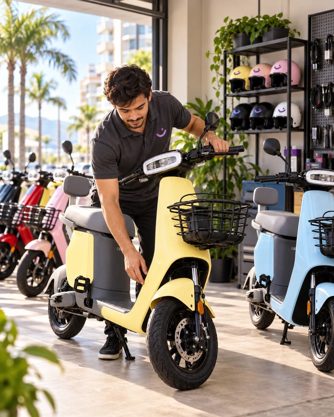 Equipe HappyMobi revisando uma scooter elétrica antes do passeio