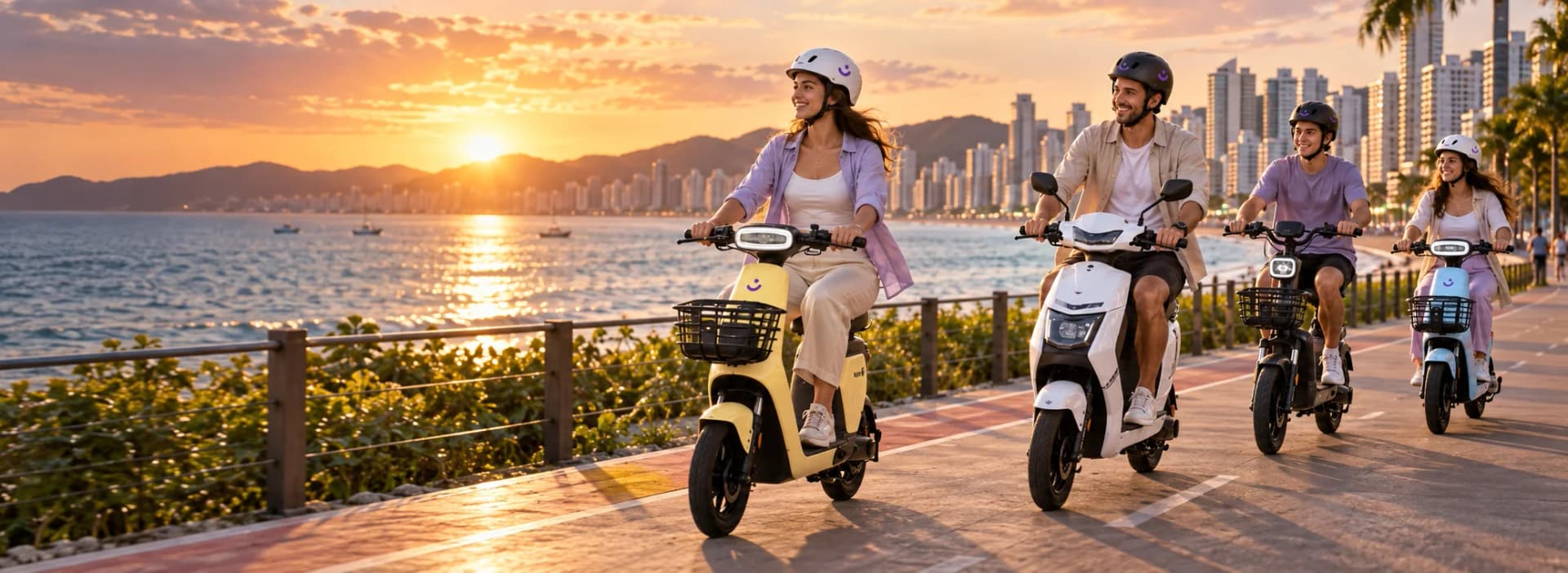Família reunida com scooters HappyMobi ao pôr do sol em Itapema